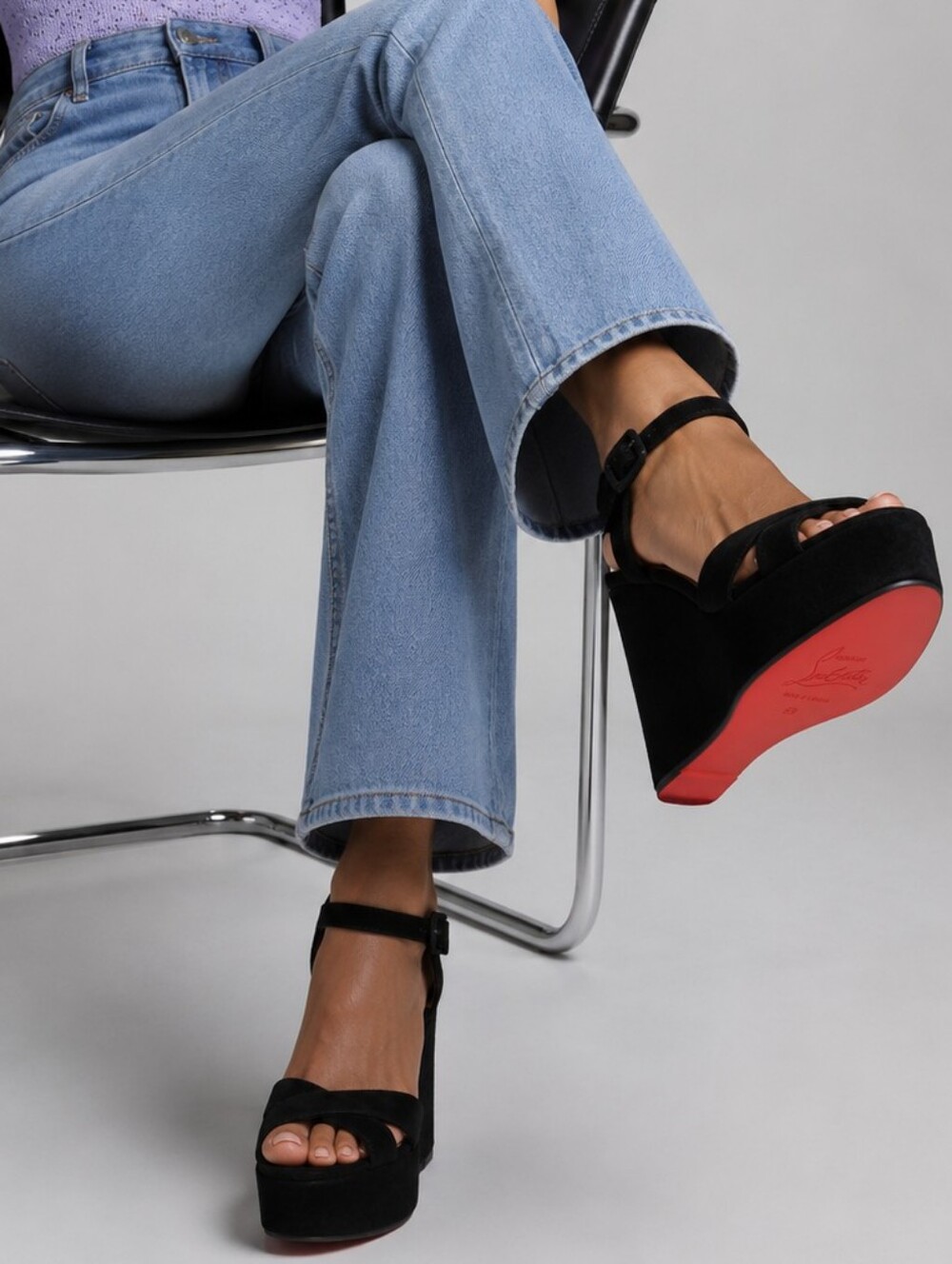 NWT$1,195 CHRISTIAN LOUBOUTIN Supramariza Black Velvet Wedge Heel Sandals Sz 39